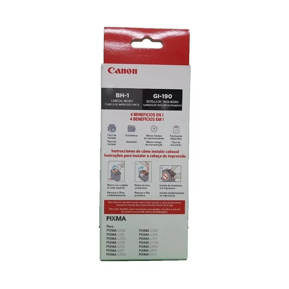 PACK CABEZAL CANON BH-1 NEGRO + TINTA GI-190BK para PIXMA G1100 G2100 G3110 G4100 - Vista 4