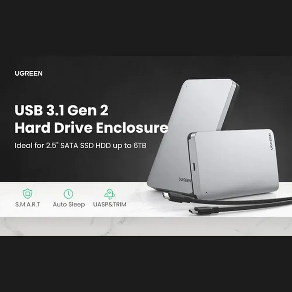 ENCLOSURE SATA 2.5' UGREEN USB 3.1 GEN 2 HARD DRIVE 2.5" SSD & HDD 6GBPS ALUMINIO UGREEN 70499 - Vista 3